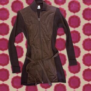 Vintage 90s Avon brown faux suede and knit zip up belted cardigan